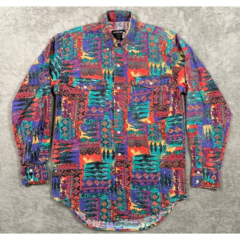 Vintage Frontier Series Shirt Mens Small Aztec Western Brushpopper Rodeo Button
